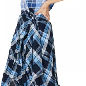 LAUREN RALPH LAUREN Ruffled Asymmetrical Skirt Navy Blue Plaid Midi Skirt